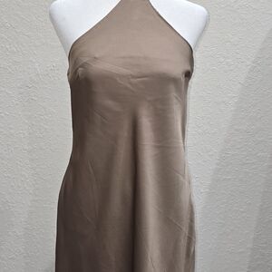 Halter Neck Satin Slip Dress in Taupe